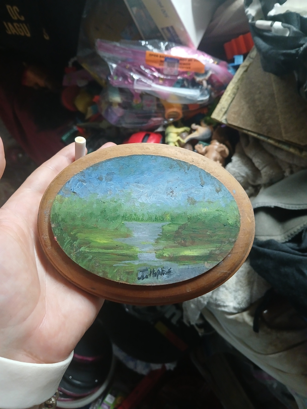 small, original landscape painting in an oval wooden frame Oil 6" X4"